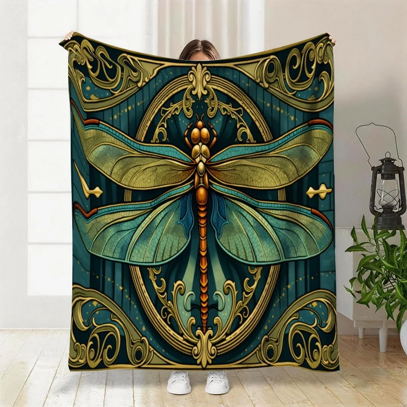 Art Nouveau Dragonfly Throw Blanket Antique Gold Baroque Filigree Wildlife Art Vivid Cozy Cover For Window Bench