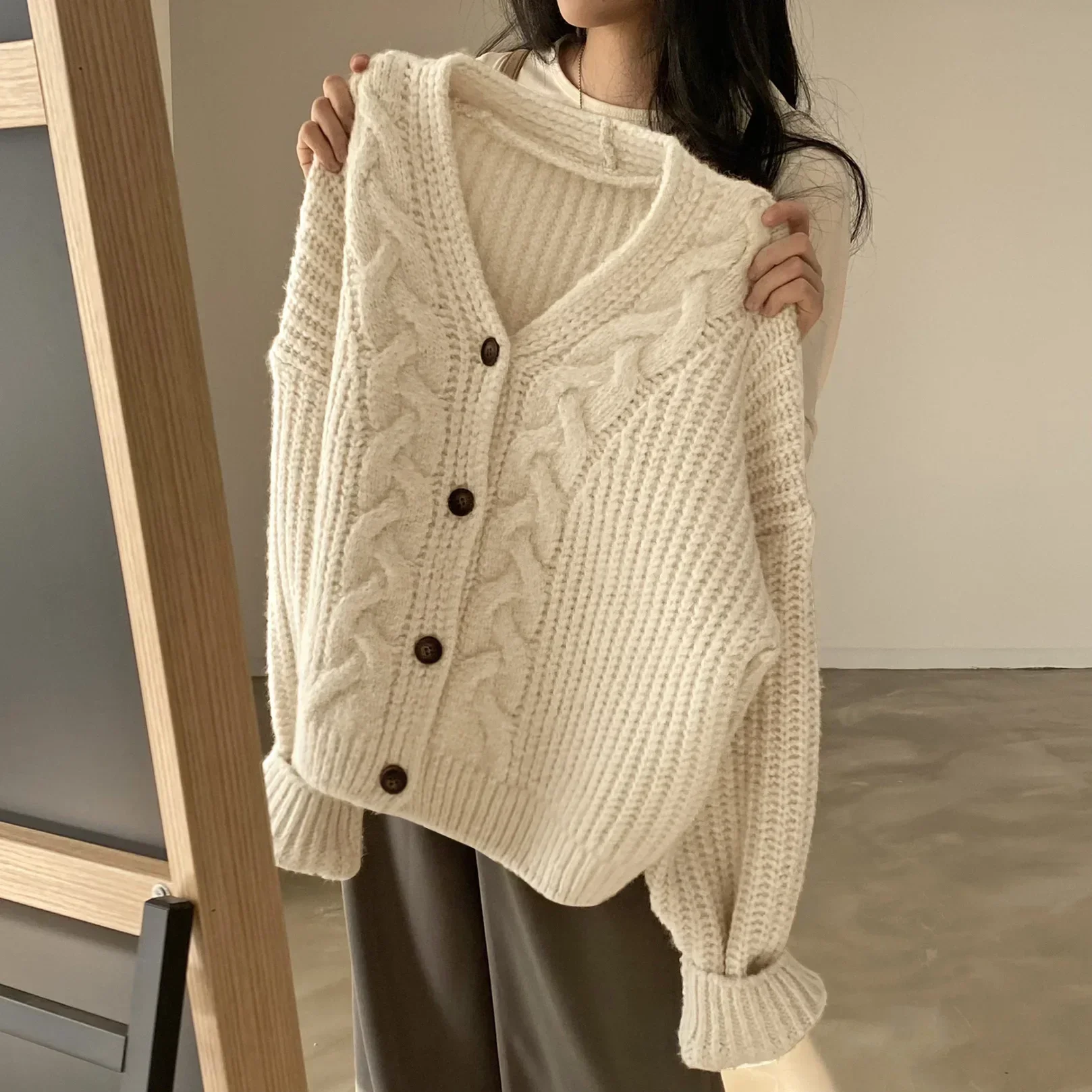 POCZCIY Autumn Women Ribbed Single-breasted Loose Cardigan Sweater Coat Knit V-Neck Casual Sweater For Women Winter Sweater