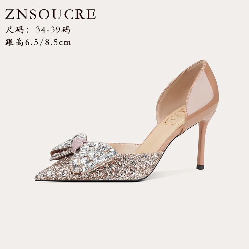 

fashion sexy Summer Women Pumps Sequined Cloth 6CM Thin High Heels Pointed Toe Buckle Strap Shallow Party Wedding Shoes