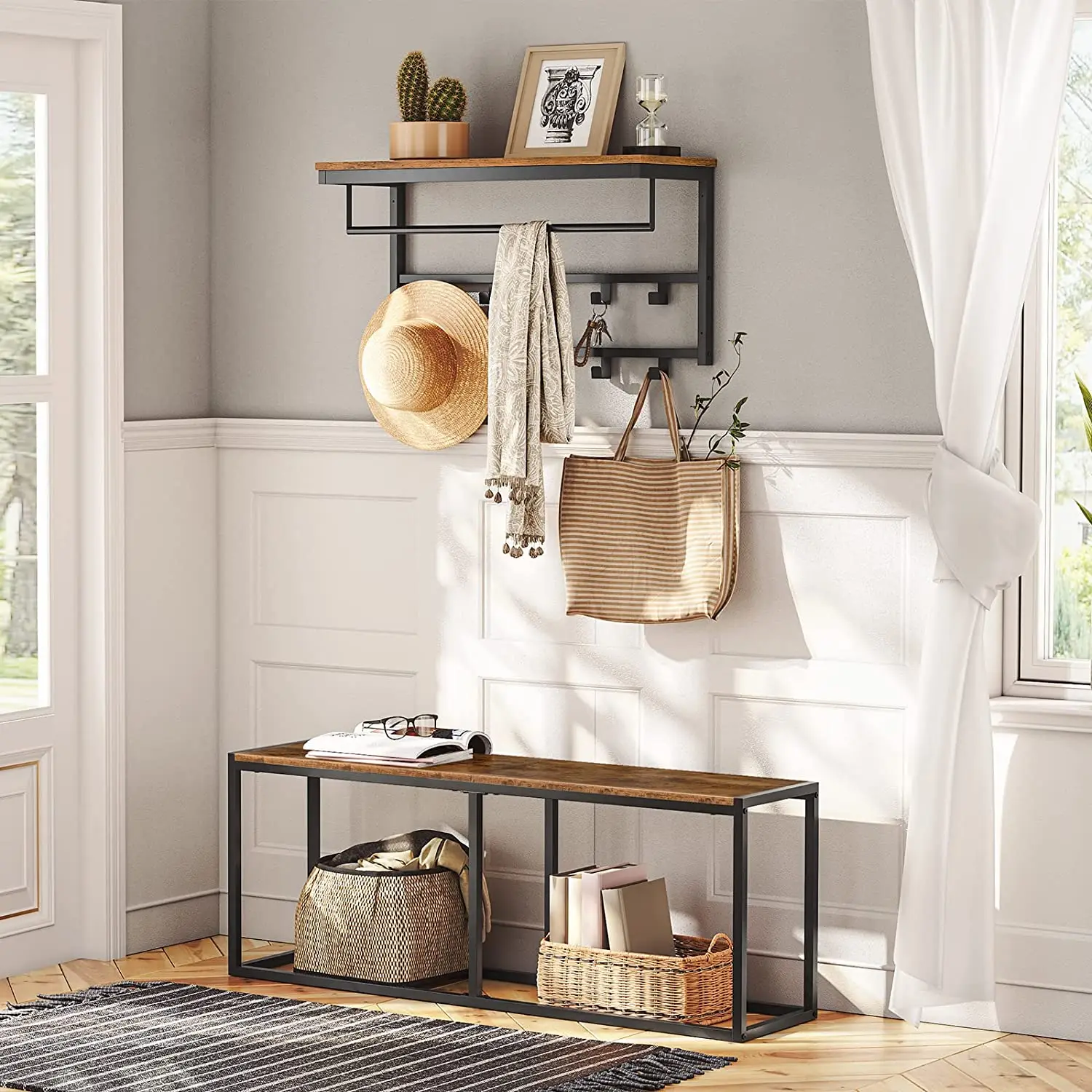 HOOBRO Wall-Mounted Coat Rack With Shelf Wall Hanging Shelves With 10 Hooks And Bars For Hallway Living Room Bedroom Bathroom