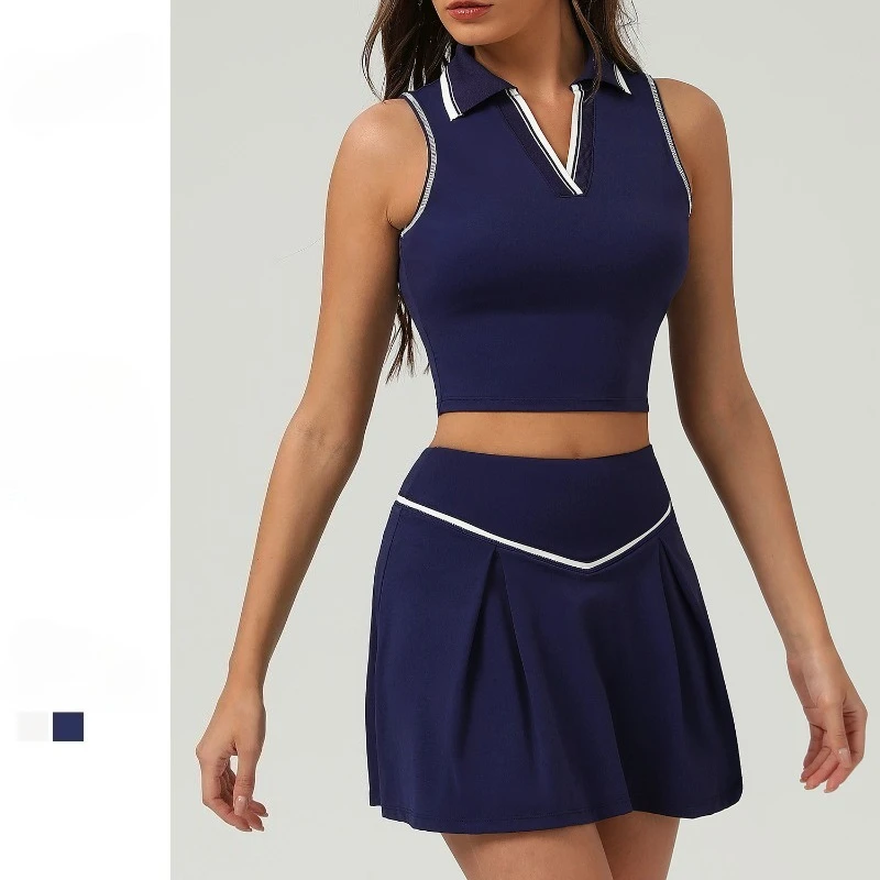 

Sean Tsing Sets Women Outfits Tennis Golf Sports Polo V-neck Sleeveless Tops High Wasit Skirts Badminton Training Gym Yoga Suits