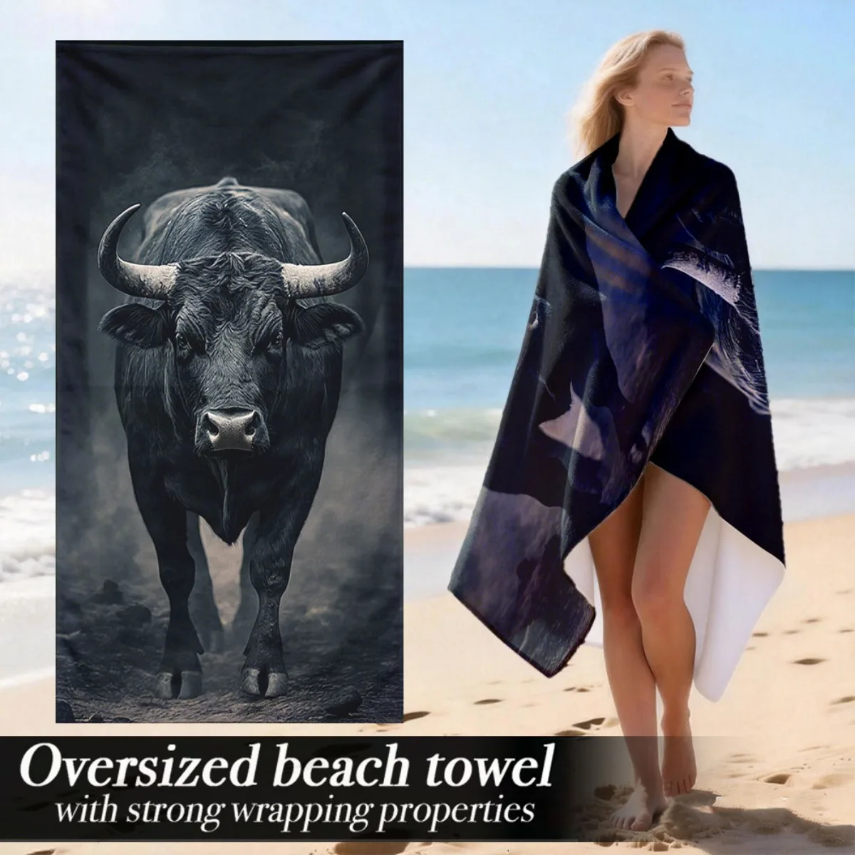 Black Bull Beach Towel, Realistic Cow Art Print, Strong Animal Design, Quick Dry Microfiber, Unique Gift for Men & Farmers