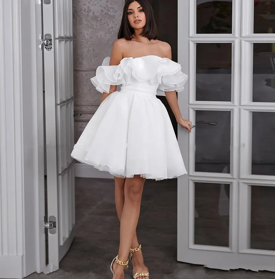 Stylish sexy white Wedding dress 2024 Off-shoulder, A-line short beach bridal dress layered ruffles from Vestidos De Novia Mini