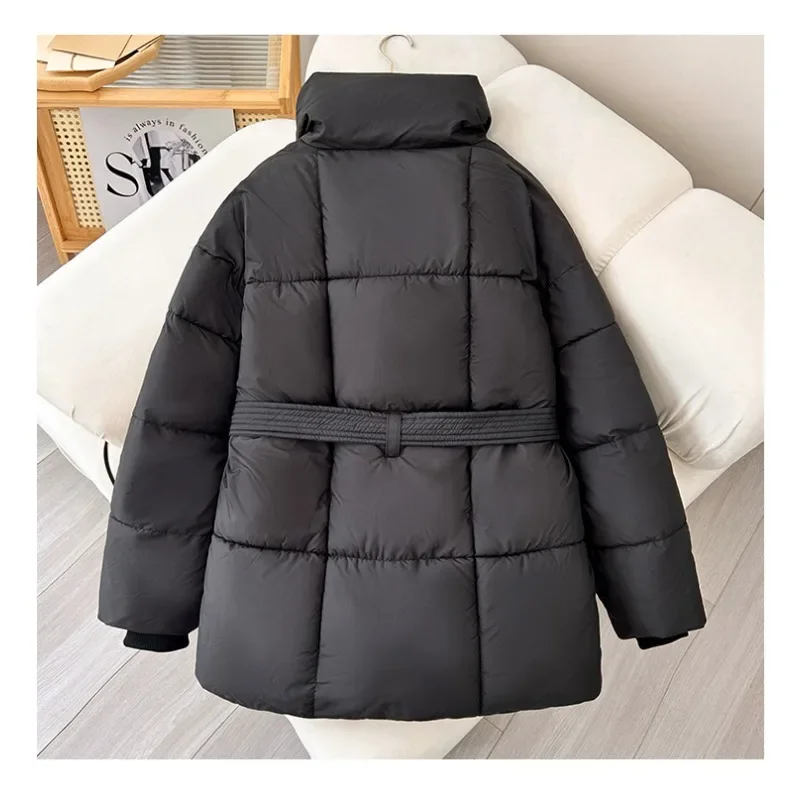 Winter Thick Stand Collar Parkas Women Fashion Tie Waist Coats Women Elegant Solid Short Padded Jackets Female Ladies