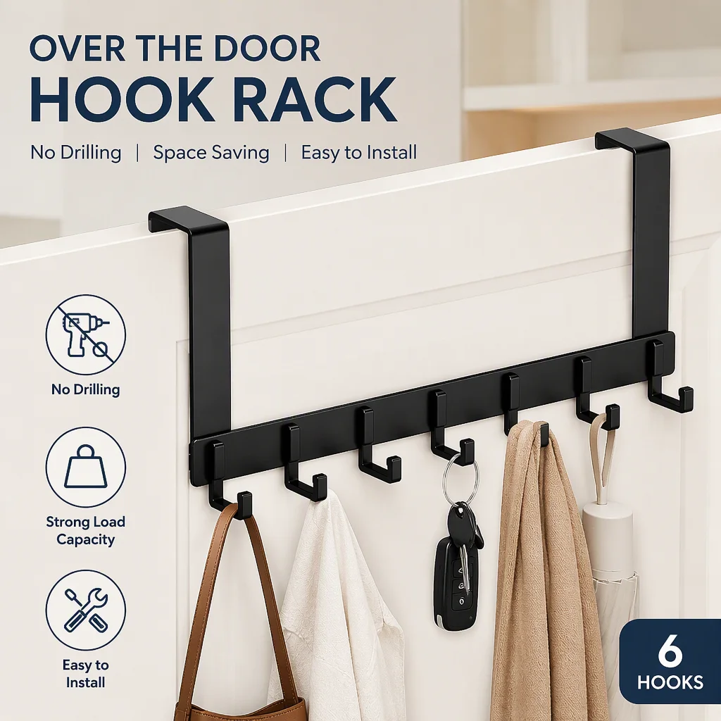 Over the Door Hook Rack, No Drill Clothes Hanger and Storage Organizer for Entr…