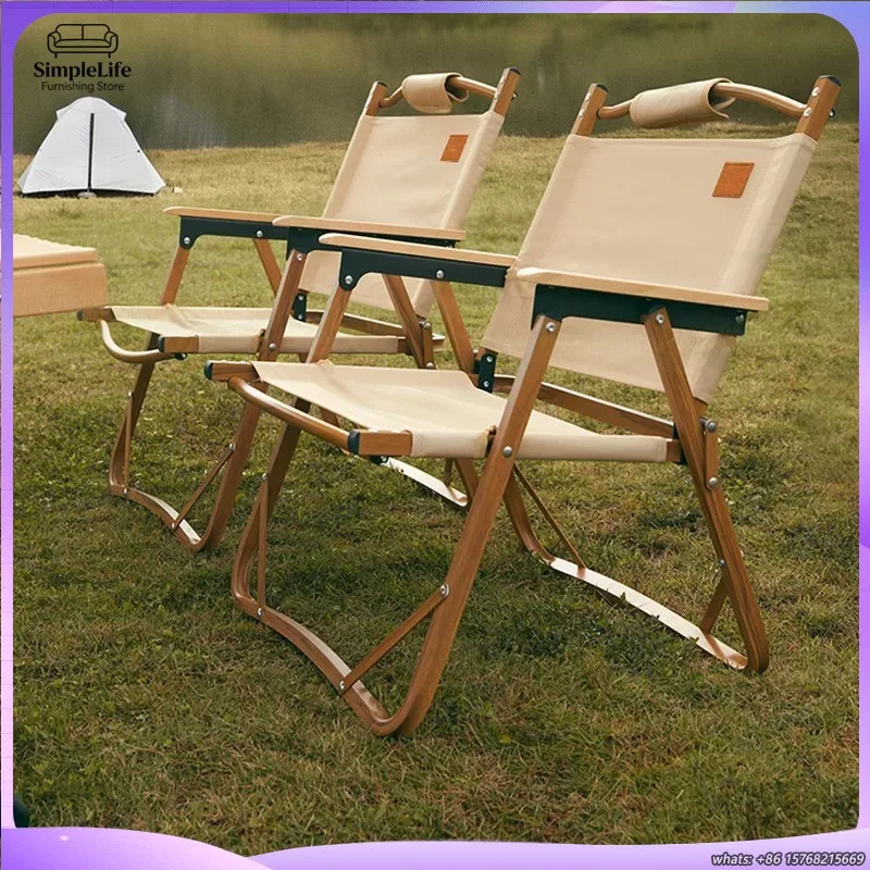 

Outdoor Folding Lounge Chair with Canopy Portable Picnic Chair Wooden Armrests Single Person Lightweight Camping Chair Garden