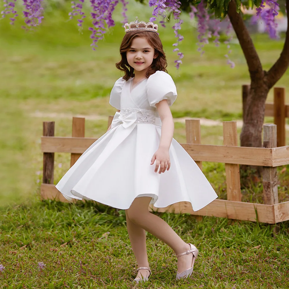 فستان أنيق للفتيات الأبيض الزفاف وصيفة الشرف فستان الأميرة عيد الميلاد حفلة مرحلة الأداء فستان عيد ميلاد مسابقة ثوب