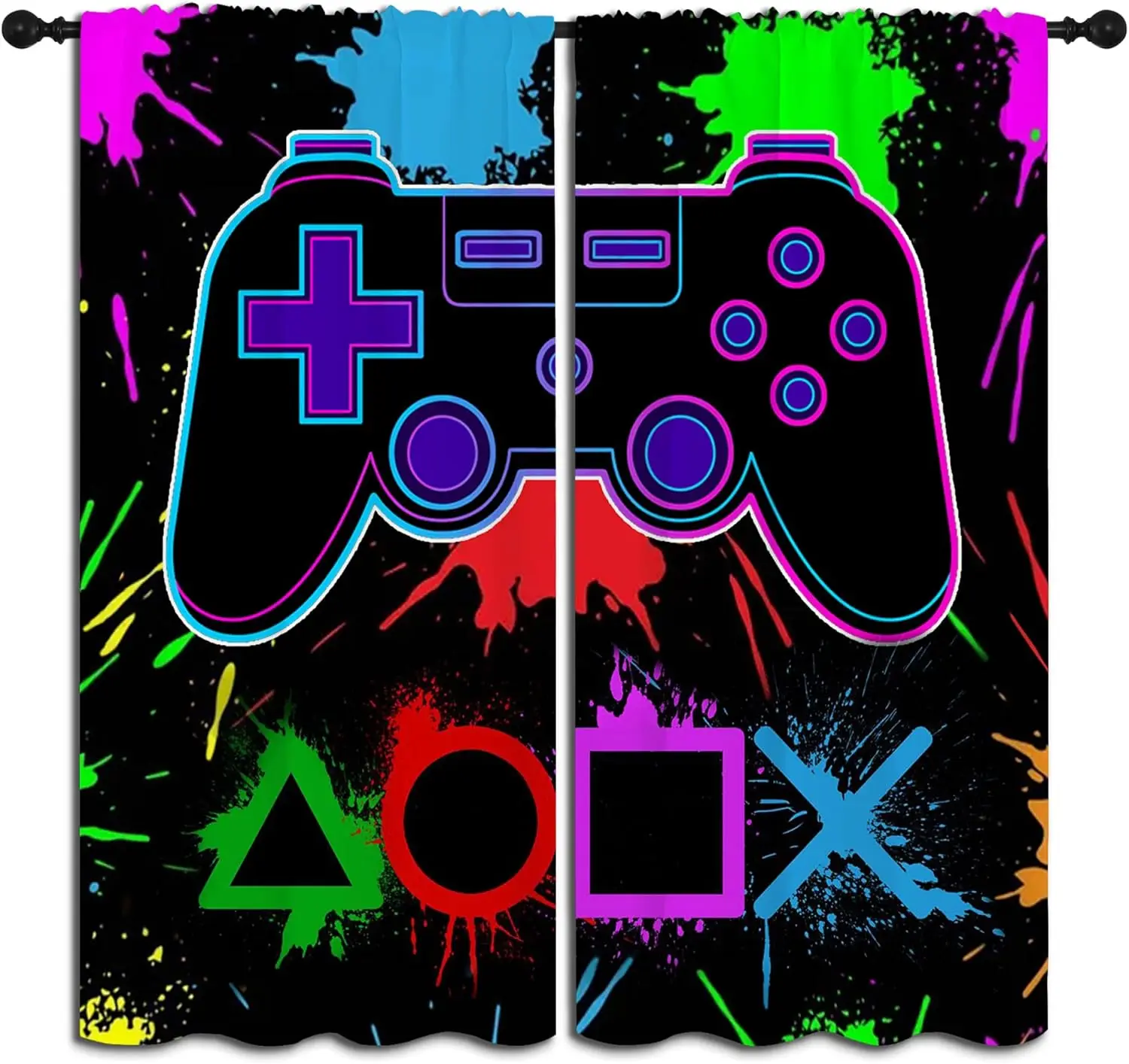 Gamer Gaming Gamepad Rod Pocket Blackout Curtains for Boy Girl Bedroom, Colorful Splash Art Video Game Controller Thermal
