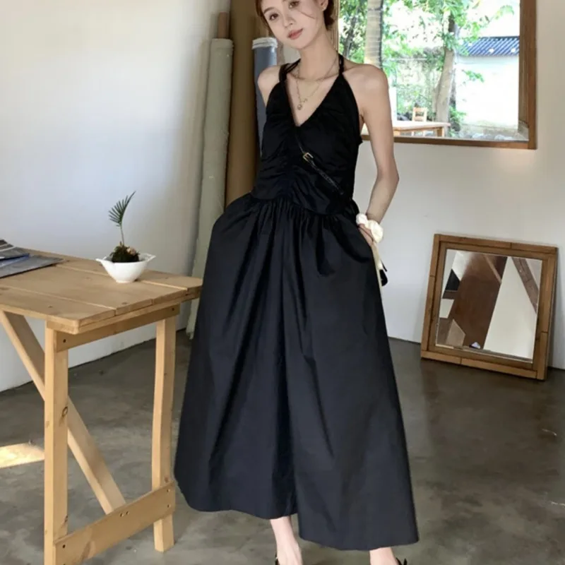 Halter Dresses for Women Niche All-match Solid Summer High Street Fashion Simple Fit and Flare Korean Style Ins Mid-calf Young