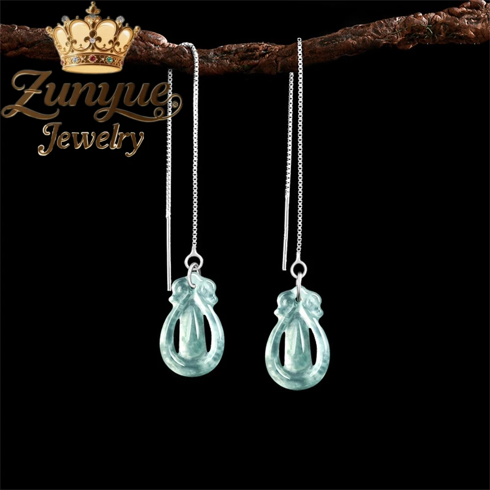 

Original Natural A-grade Jade Blue Water Ancient-style Teardrop Ear Thread S925 Silver Inlaid Jadeite Personalized Earrings