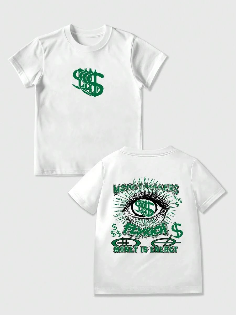 Men Vintage Streetwear T‑Shirt Double‑Sided Print Money Makers Eye Dollar Sign Graffiti Letter Crew Neck Short‑Sleeve Loose Y2K