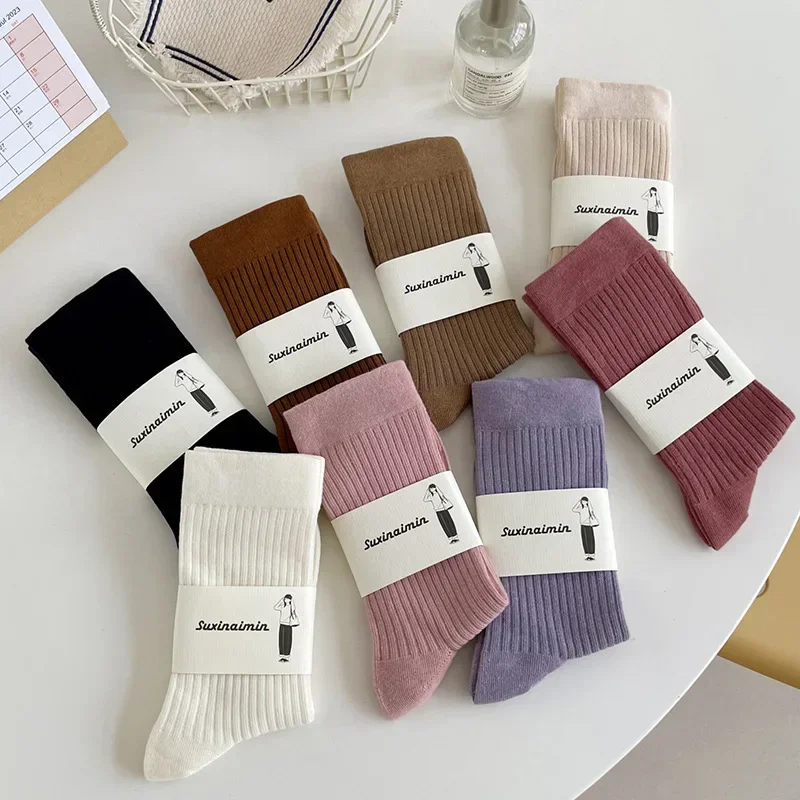 Loose Long Socks Solid Colors Women Socks Japanese Women Cotton Knitting Harajuku Vintage Socks Fashion School Girls Black Beige