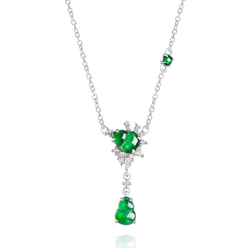 

Premium Natural A Jadeite Yang Green Gourd Pendant S925 Silver Ice Jade Necklace Set for Women
