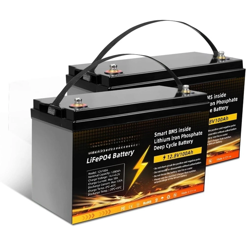 

2PCS 12V 100Ah Lithium LiFePO4 Battery, Built-in 100A BMS, Max. 15000 Deep Cycles, Rechargeable Lithium Battery for RV, Solar Sy
