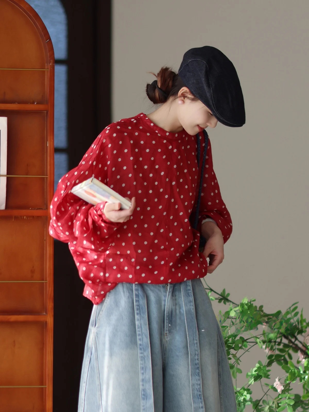 

Новая женская льняная рубашка Meadow Original Spring Summer в стиле ретро с круглым вырезом, в горошек, с рукавом 3/4, в лесном стиле