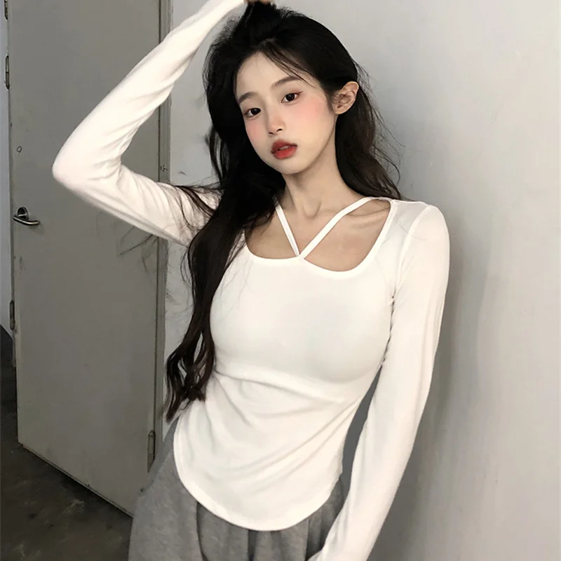 

DAYIFUN-Women's Long-Sleeved Slim T-shirts Gentle Casual Tshirts Autumn Ulzzang Fashion All-match Sexy Tops Harajuku Soft Tees