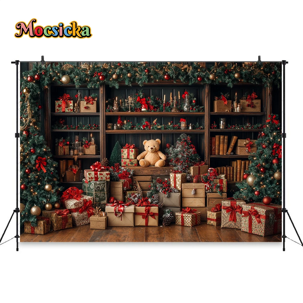 Christmas Gift Room Background Photography Toy Bear Bookshelf Xmas Tree Backdrop New Year's Eve Kids Baby Birthday Photo Studio