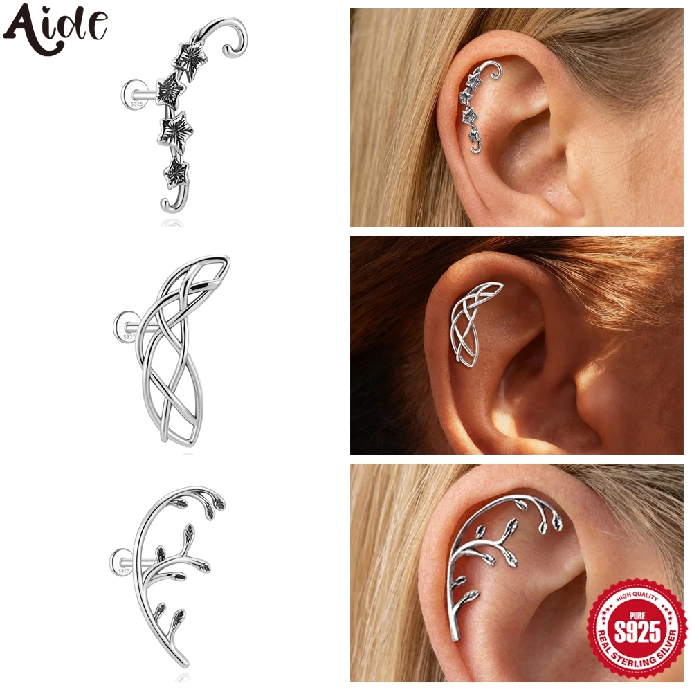 Aide 925 Sterling Silver Elf Ear Crawler Stud Earrings For Women Vine Cartilage Piercing Studs for Women Vintage Style Jewelry