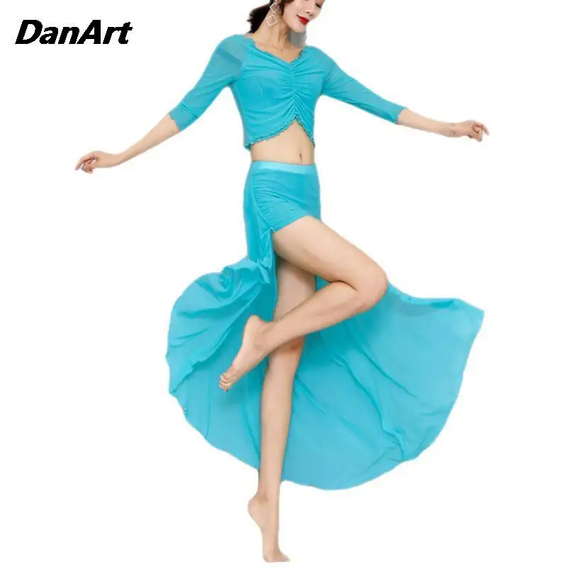 Vestido Sexy de danza del vientre para mujer, ropa de actuación en escenario, traje de entrenamiento de práctica, Tops de dama + Falda larga, disfraces de espectáculo para adultos, nuevo