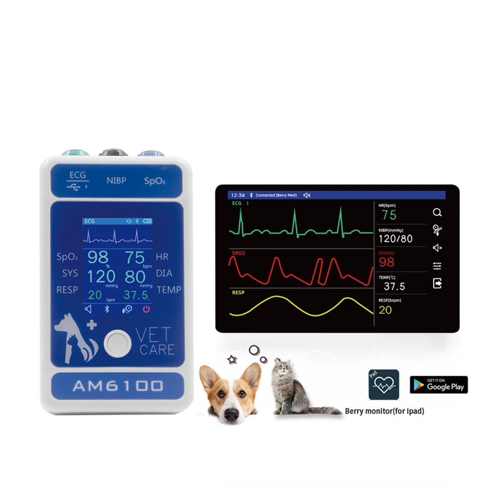 BERRY AM6100 Bluetooth Handheld Veterinary Monitor NIBP Blood Pressure Monitor Pulse Oximeter Probe Animal Circufere Pet Care