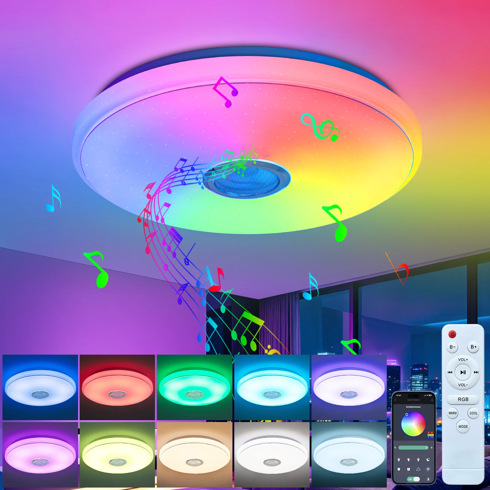 Lampada da soffitto a incasso con illuminazione RGB, che cambia colore tramite Bluetooth e consente di personalizzare le tonalità, lampada da soffitto con funzione musicale, ideale per la camera da