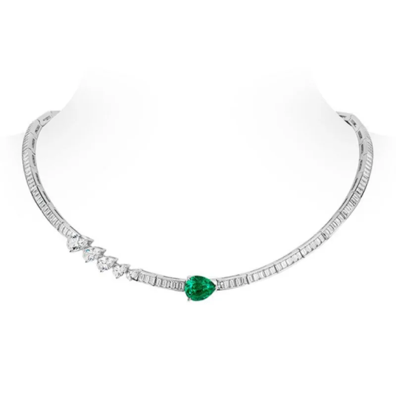 Bellux 925 Silver Synthetic Zircon Emerald Dreamy Green Water Drop T-shaped Full Diamond Luxury Banquet Party Necklace