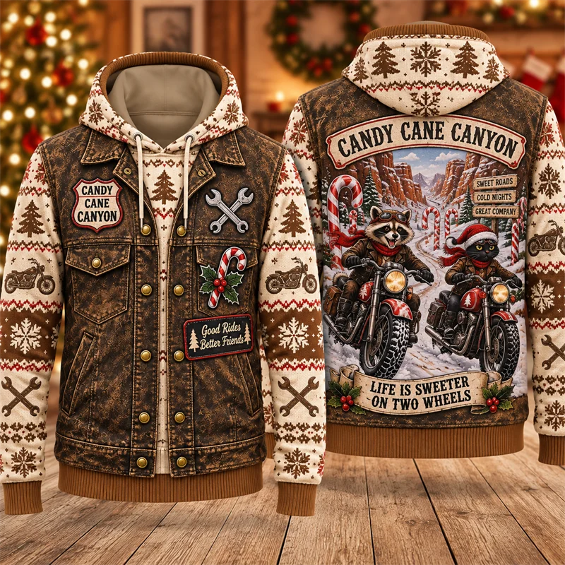 Christmas Biker Hoodie Santa Reindeer Rider Club Print Vintage Holiday Pullover Winter Streetwear Xmas Party Casual Gift
