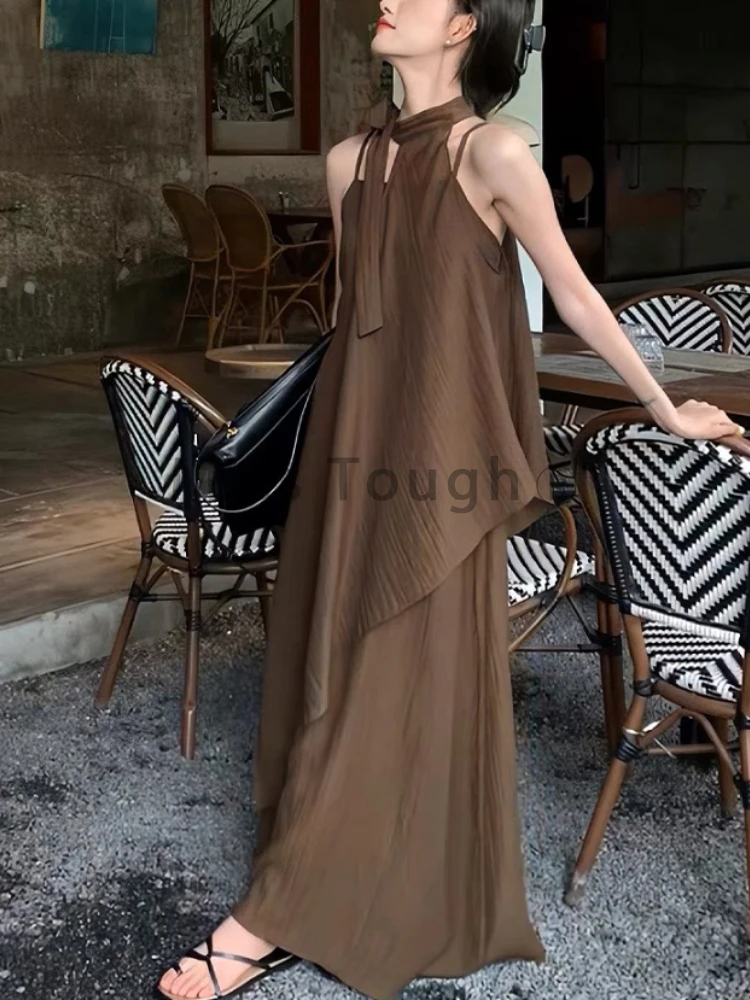 Korean Fashion Loose O Neck 2 Piece Set Women Elegant Casual Solid Sleeveless Off Shoulder Top + High Waist Thin Dress 2024 New