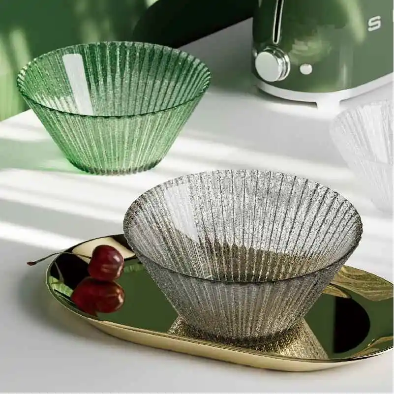 

Large Capacity Gradient Glass Salad Bowl Nordic Style Hammered Pattern Resistant to High Temperatures Fruit Plate for Home Use