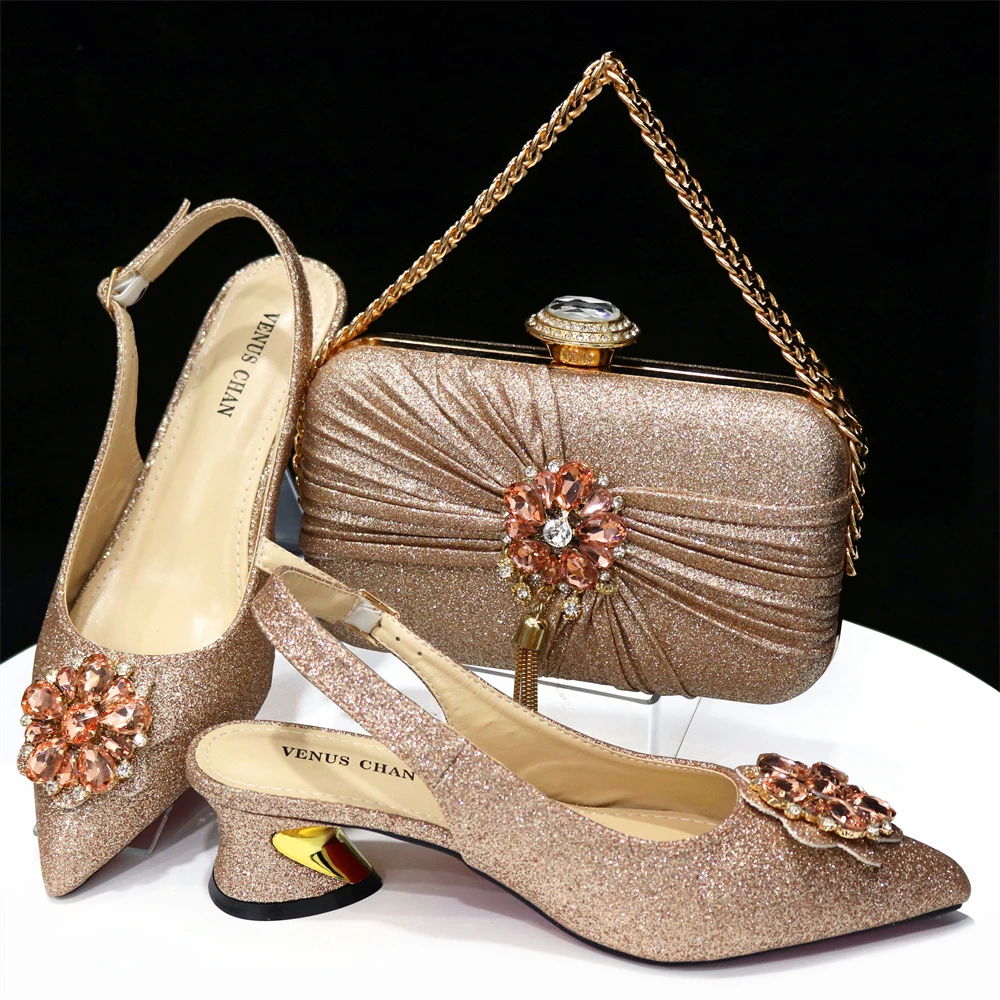 

Arican New Arrival Speical Narrow Band and Cross-tied Style Italian Design Ladies Shoe and Bag Set in Champagne Color for Party