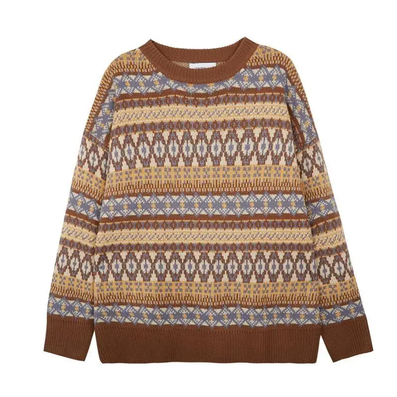 

Japanese Retro Sweater Men's Winter Thick Contrasting Color Lazy Style Loose Round Neck Jacquard Knitted Pullover Male Clothing