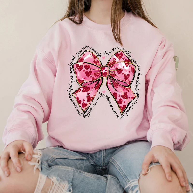 Pink Valentine Coquette Heart You Are Loved Print Pullovers Round Neck Pullovers Casual Outdoor Long Sleeve Hoodless Sweatshirts