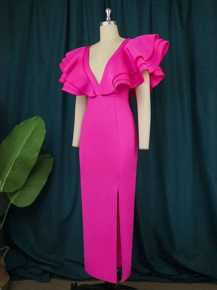 Elegant Pink Party Dresses Deep V Back Ruffle Sleeves Slit Long Dress Formal Evening Prom Occasion Robes for Women Big Size