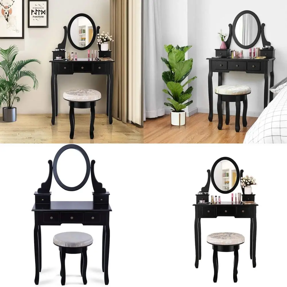 

5-Drawer Rotating Mirror Vanity Set with Cushioned Stool, Black - Bedroom Dressing Desk