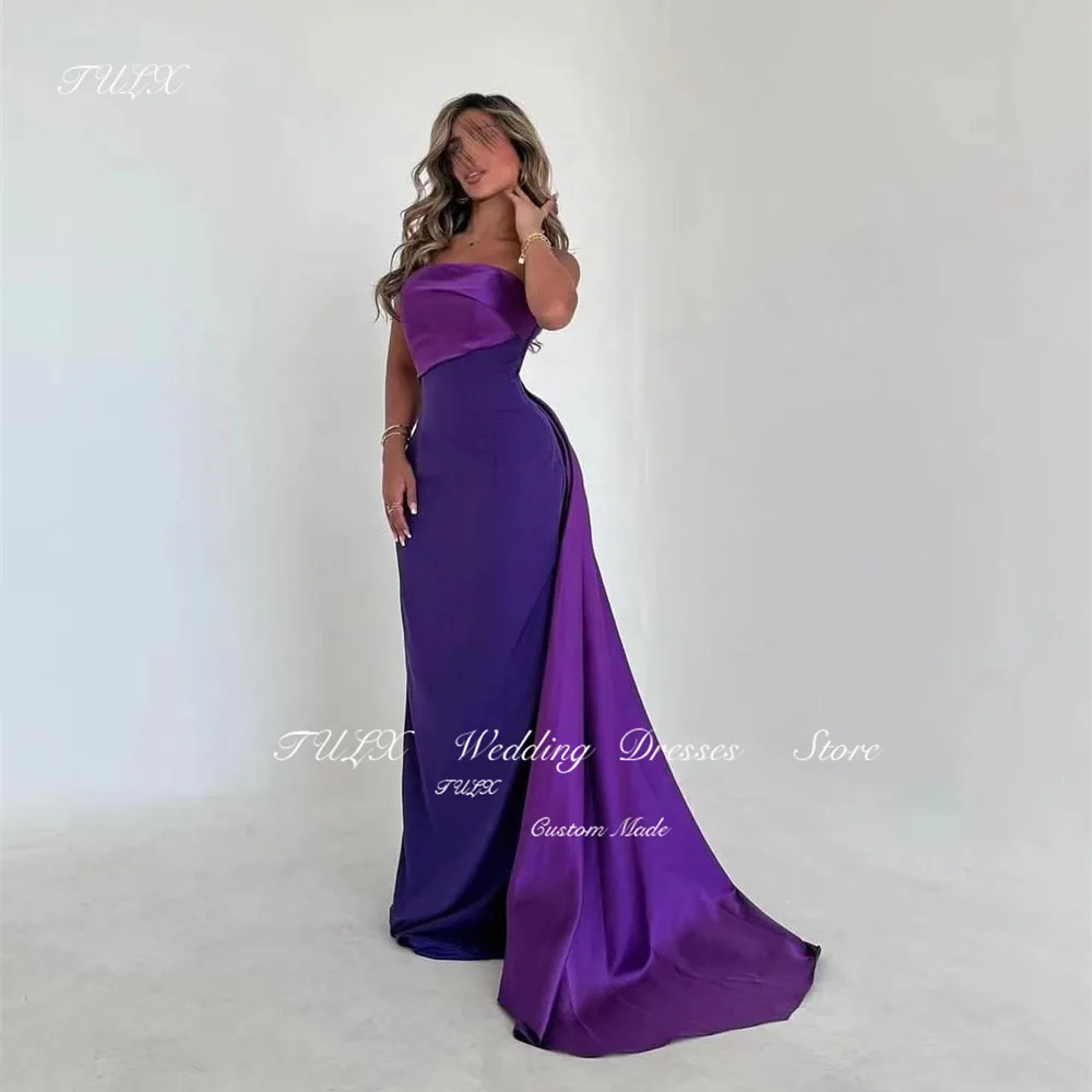 

TULX Women Purple Evening Dresses Arabic Strapless Satin Floor Length Prom Gowns Formal Party Occasion Dress Vestidos de fiesta