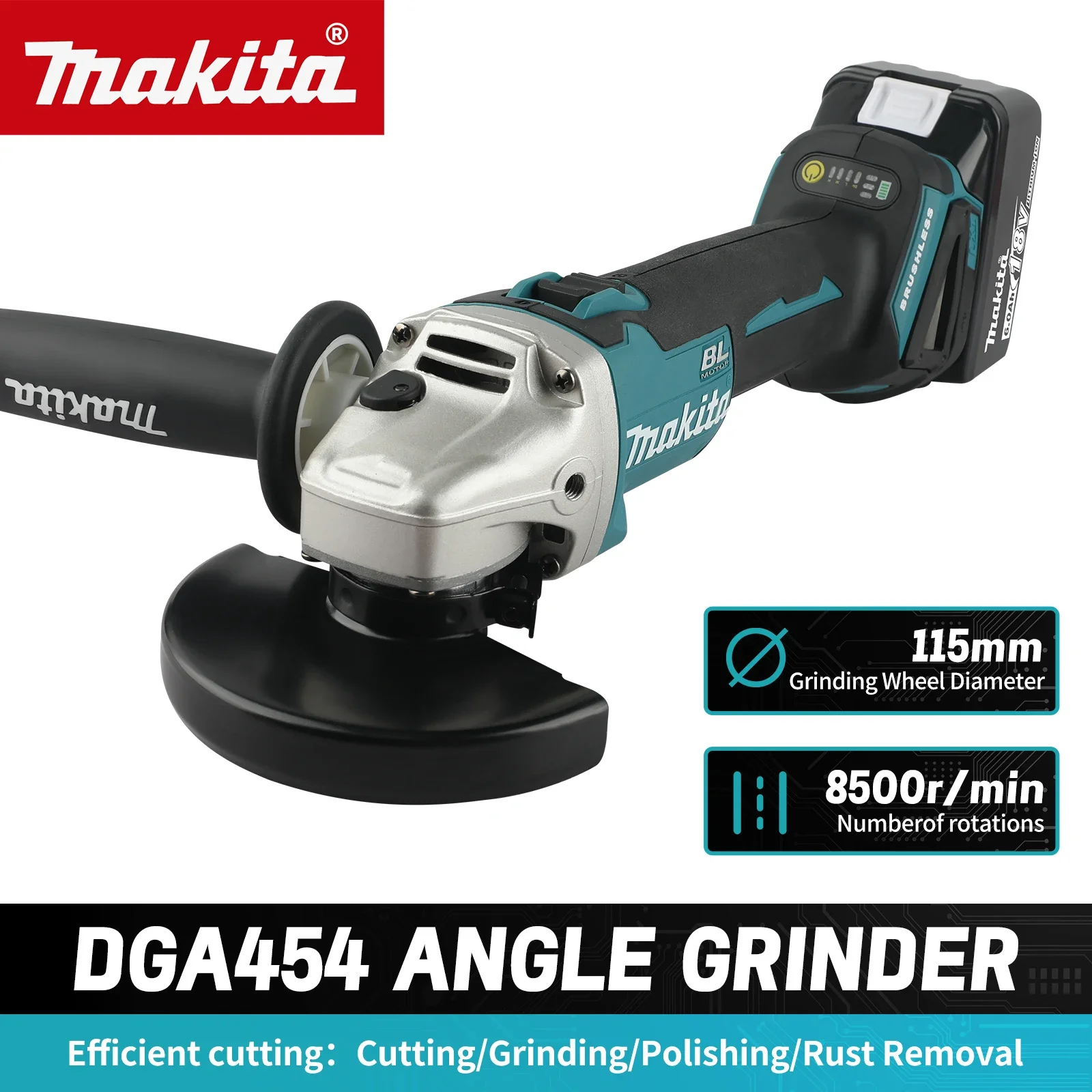 

Makita 2025 NEW DGA454 Angle Grinder:18V, 8500r/min, 115mm Wheel, 660W, 3 Gears, Ideal for Cutting/Grinding Wood & Metal Sheets