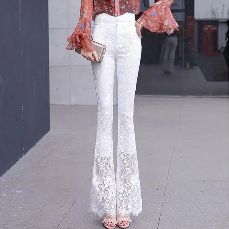 

Elegant Vintage Lace Hollow Out Flare Pants for Women Spring New Office Lady Commuter High Waist Sashes Button Trousers 3XL Z834