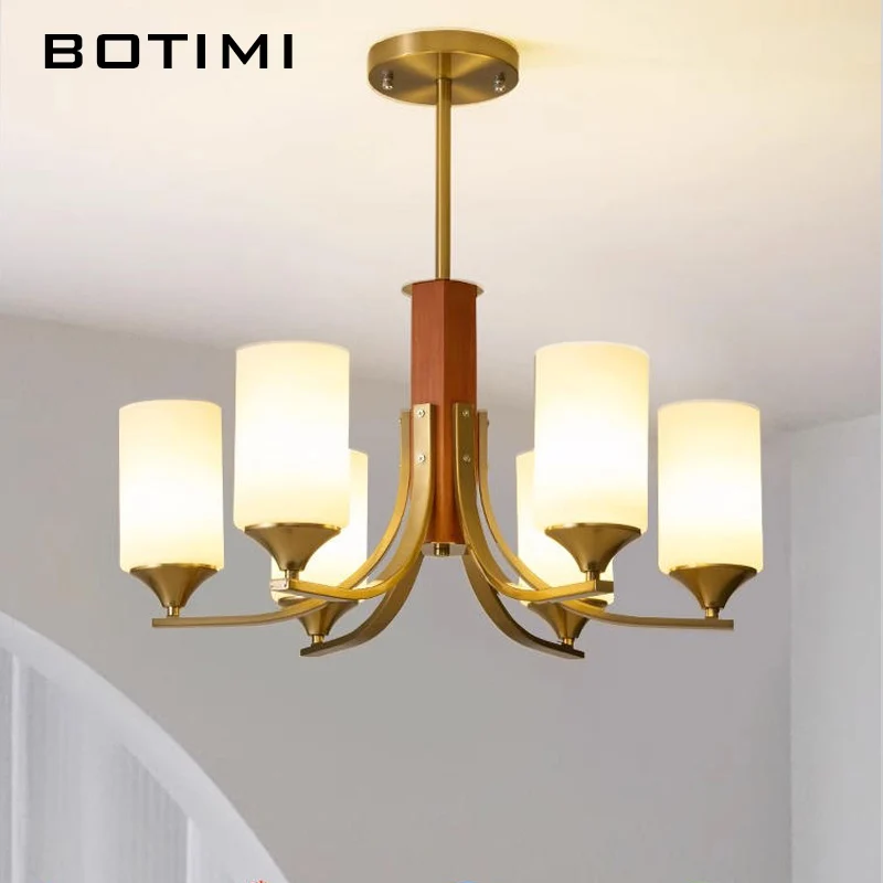 

BOTIMI Retro Chandelier With 3 6 Glass Lampshades For Living Room Solid wood Bedroom Lustre Wooden Bedroom Lighting Fixtures