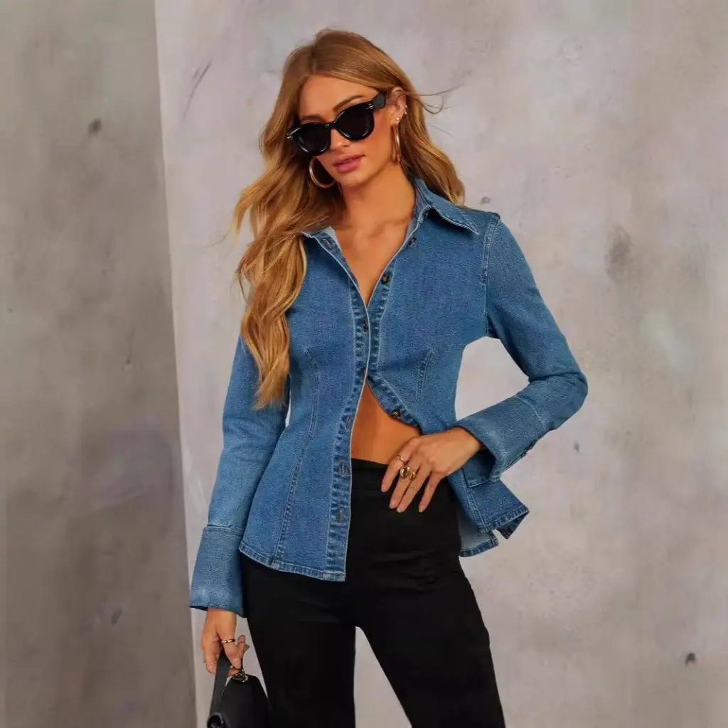 Dames denim overhemd met lange mouwen, casual revers, enkele rij knopen, herfstmode, Europese en Amerikaanse stijl, 24 jaar
