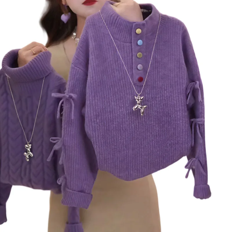 Girls Half High Neck Sweater Autumn and Winter 2026 New Korean Doll Neck Knitted Sweater Thickened Bottom Coat Inner Top 2