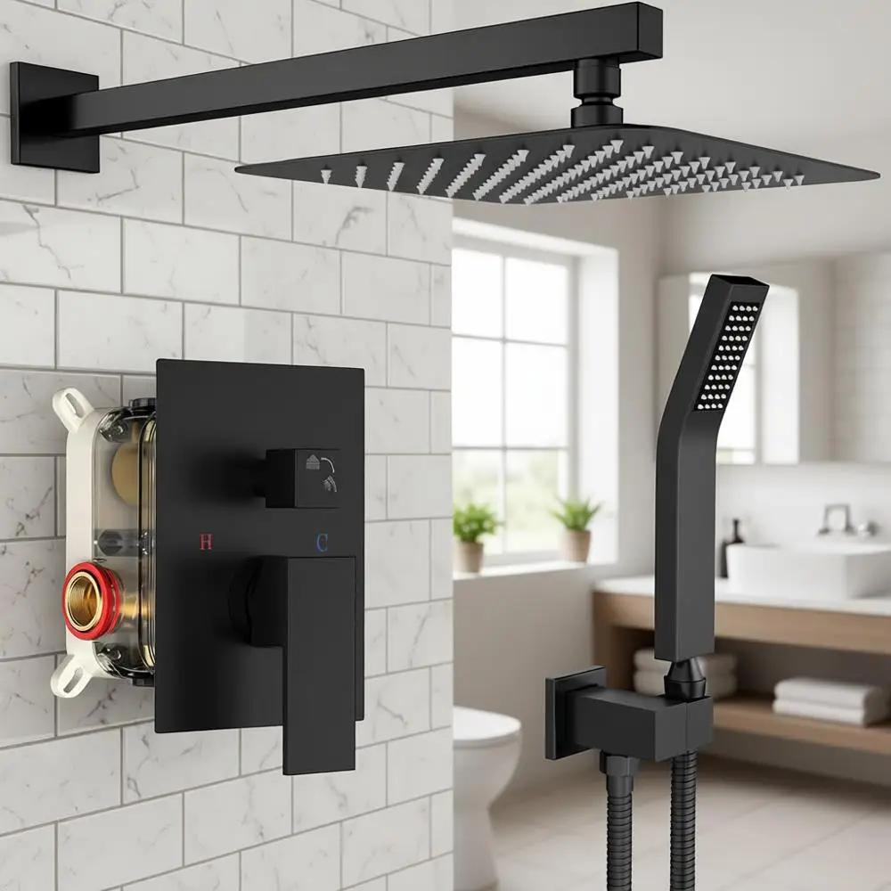 

Square Rain Shower and Handle Set, Wall Mounted Shower Fixtures, Metal Shower Faucet Trim Repair Kits (With Shower)