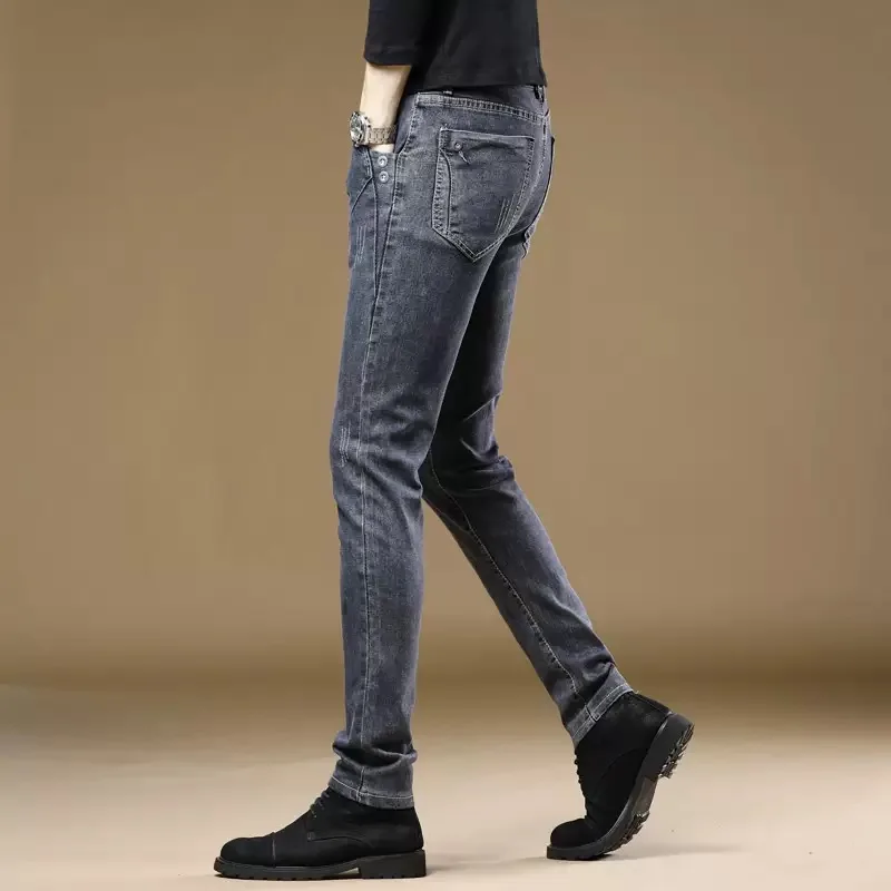 Spring and Autumn New Fashion Trendy Solid Color Straight Leg Stretch Slim Fit Men's Casual Breathable High Quality Denim Jeans