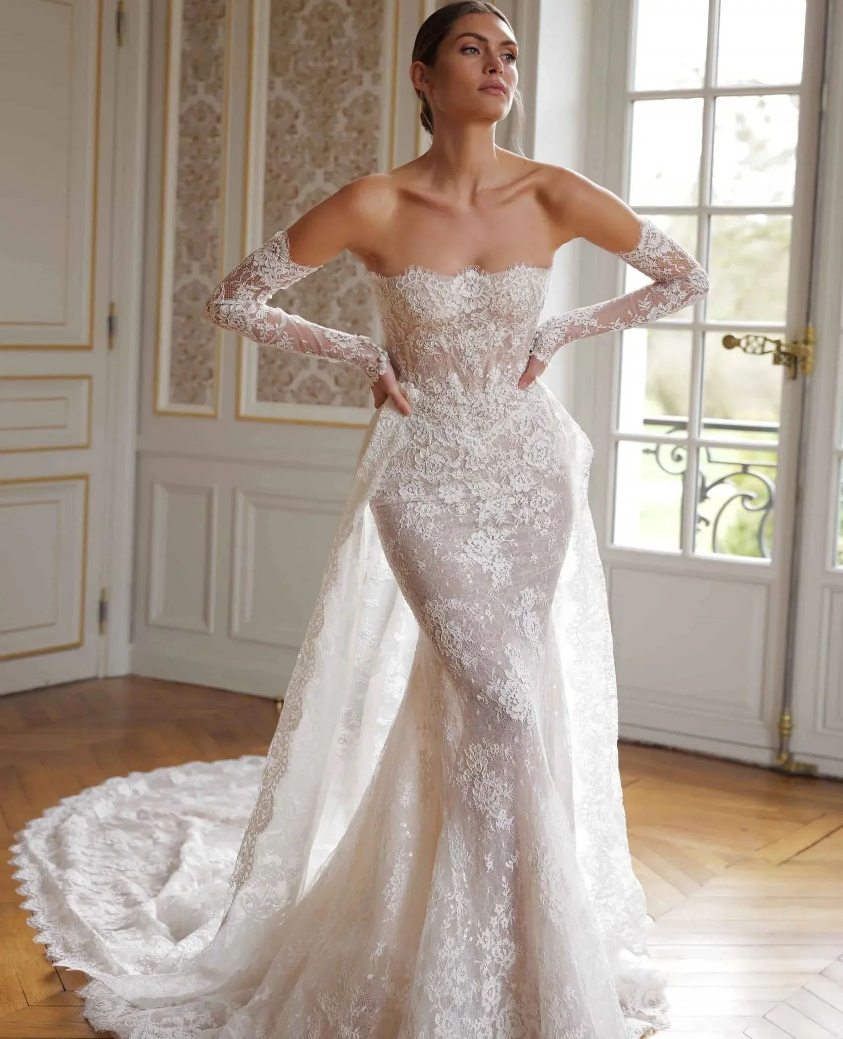 

Elegant Lace Wedding Dress Detachable Train Strapless Embroidery Long Sleeves Mermaid Bridal Bride Grown Vestido De Noiva