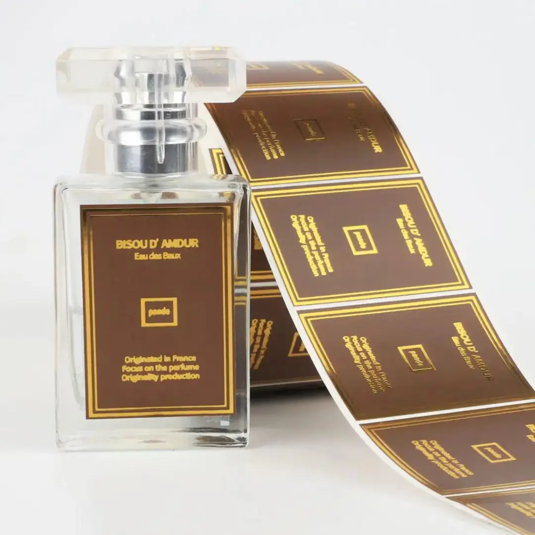 Custom printed self-adhesive cosmetic perfume bottle sticker rolls with gold foil logo stickers