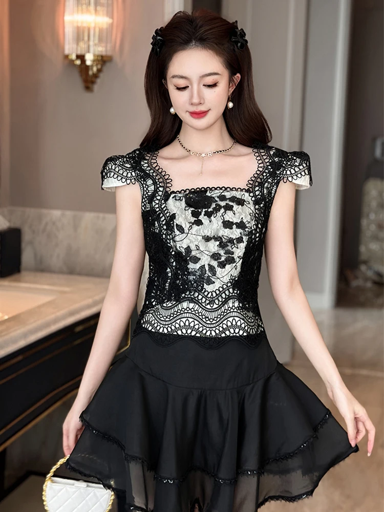 

Women's Socialite Sweet Birthday Party T Shirt Female Cute Black Hook Flower Short Sleeves Date Tops Lady Prom Club Blouse Femme