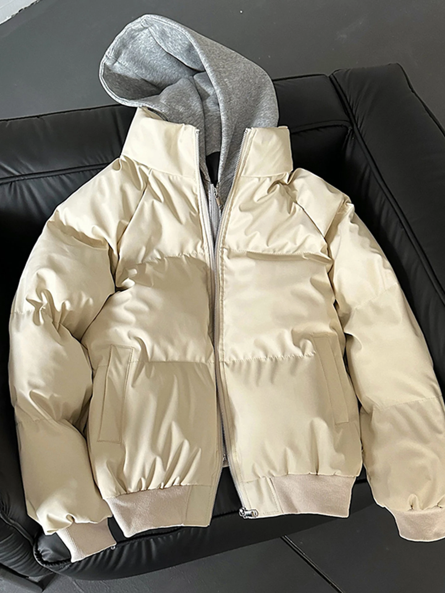 

Cleanfit Men's ort Thiened PU Leather Cotton Jaet Beige Winter Coat Warm Faux Silk Cotton Inner Teenage Faion Casual ...