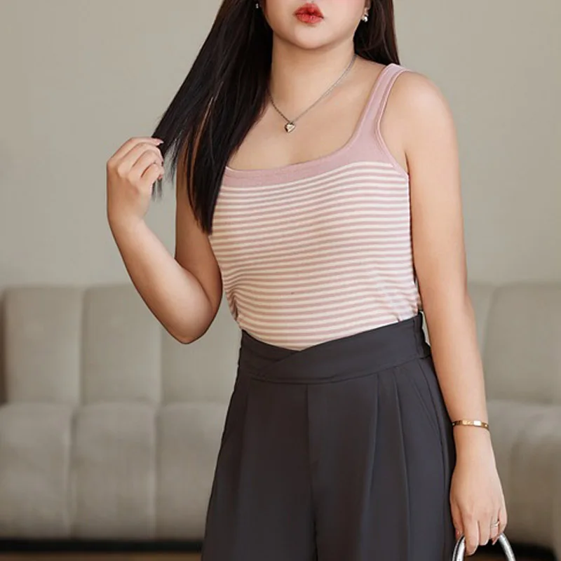 Pinstripe Knitted Camisole Women XL 2024 Autumn Good Quality Wide Shoulder Strap Simple Square Collar Tank Top