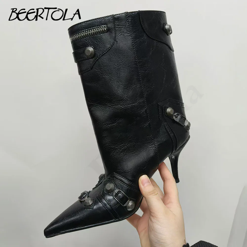 Hardware Rivet Black Ankle Boots Pointed Toe Stiletto Heel One-Step Straight Boots Pin Buckle Large Size Mid-Tube Women's Boots