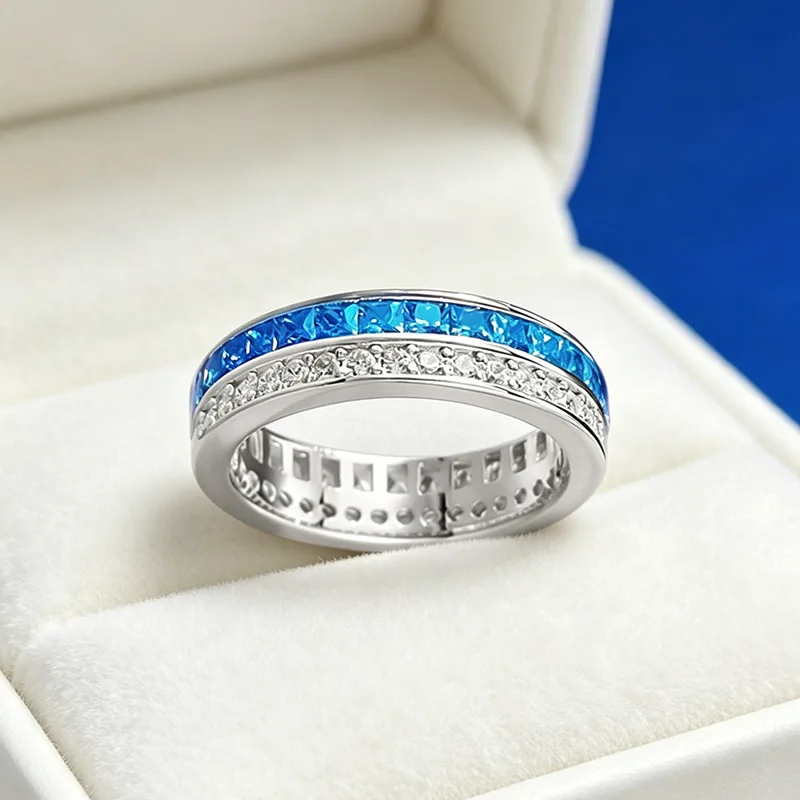 Luxury white gold solid platinum PT950 double row blue and white full diamond ring for women marine fresh