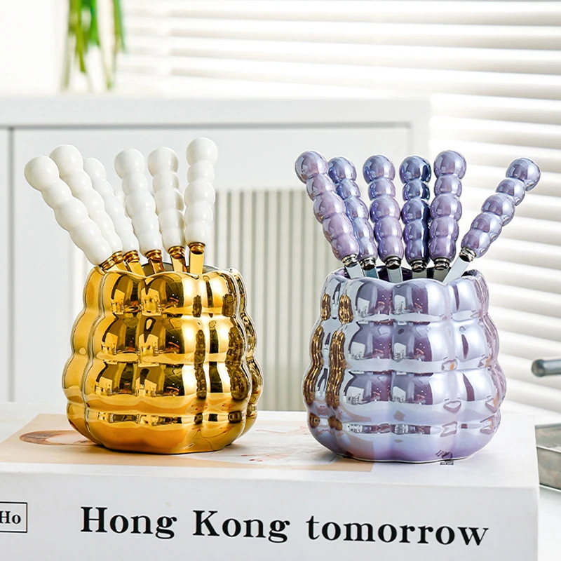 

Gold Plated Ceramic Storage Jar Pearl Fruit Stick Storage Box Creative Fork Spoon Home Candy Fruit Snack Storage Jar Home Decor
